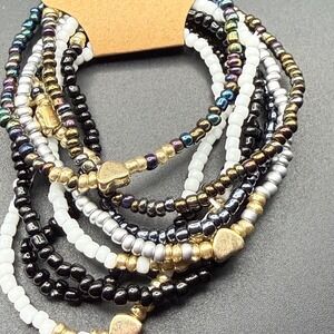 Beaded Bracelet Set Stretchy Heart Charm‎ Gold Tone Stackable Boho